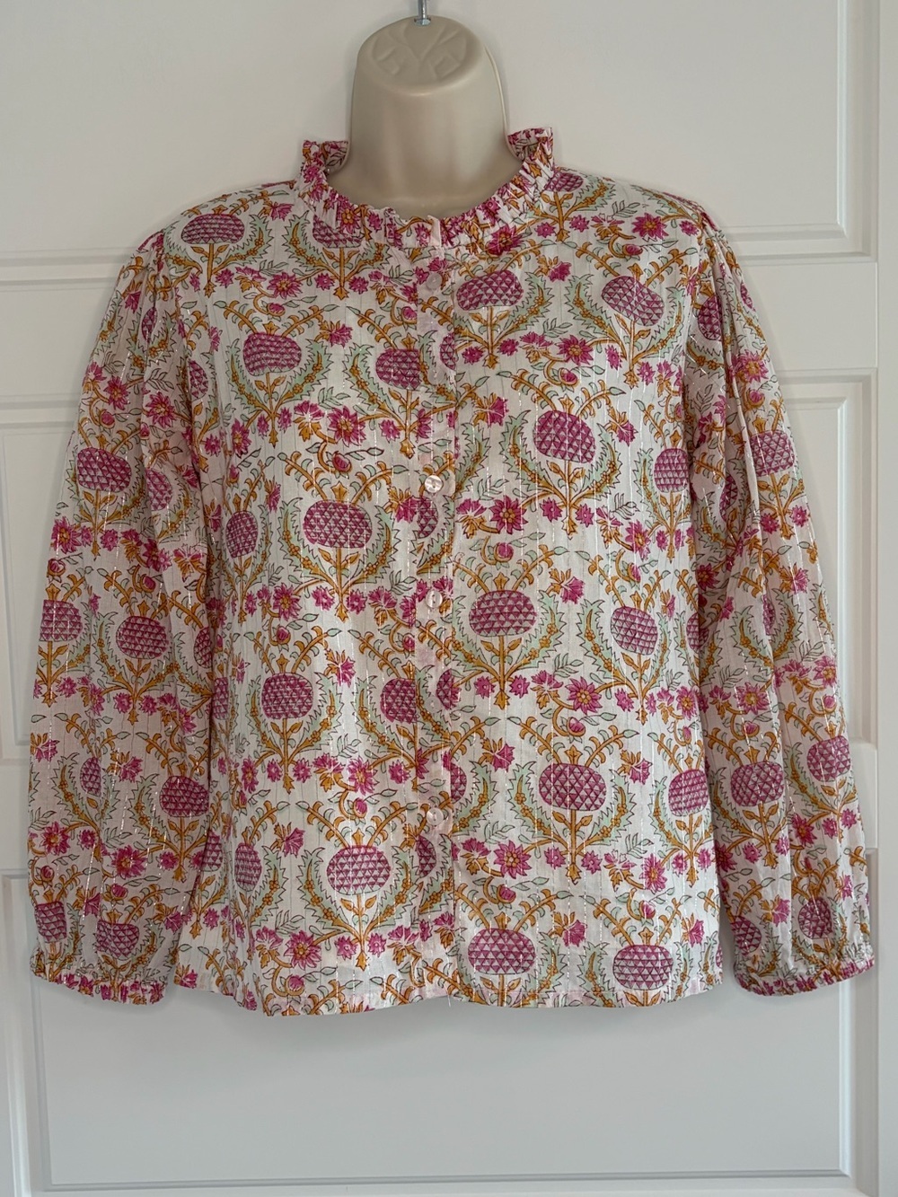 Fox & Hen High Neck Ruffle Trim Floral Button Up Blouse Top Size XS Coquette